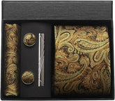 Conjunto Gravata de Seda Paisley Ouro Velho